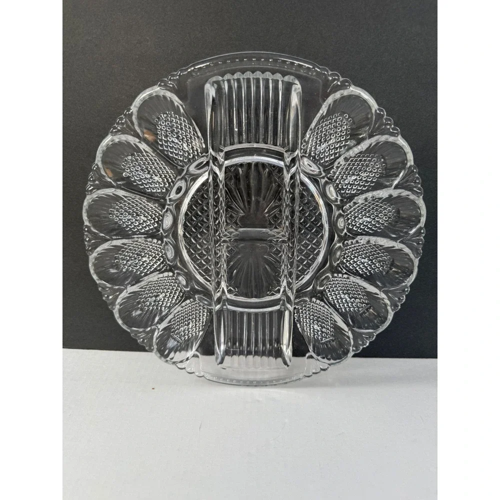 Vintage Clear Pressed Glass Deviled Egg Platter Sunburst Serving Tray